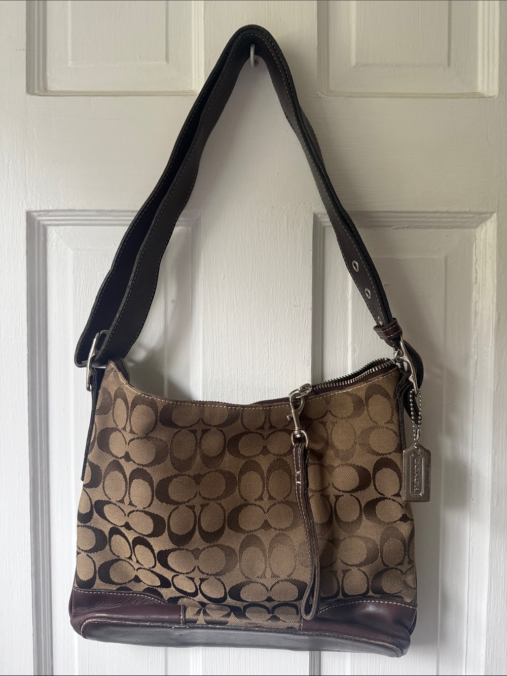 Coach Brown and Tan Signature Canvas Shoulder Bag